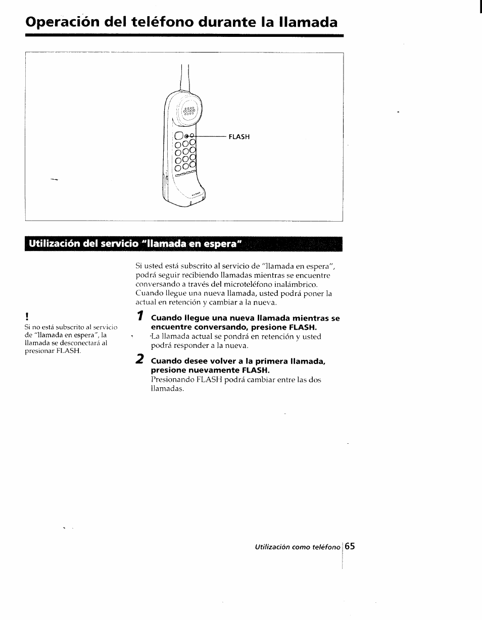 Operación del teléfono durante la llamada, Utilización del servicio "llamada en espera | Sony SPP-AQ25 User Manual | Page 68 / 88