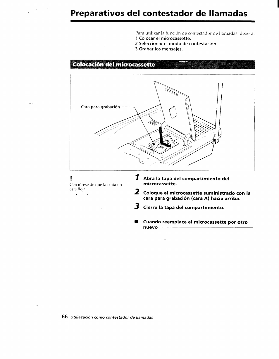 Preparativos del contestador de llamadas, Colocación del microcassette | Sony SPP-AQ25 User Manual | Page 69 / 88