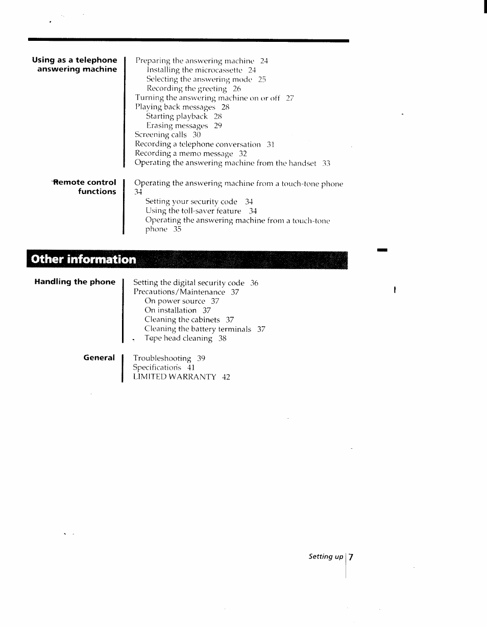 Using as a telephone answering machine, Remote control functions, Handling the phone | General, Other information | Sony SPP-AQ25 User Manual | Page 7 / 88