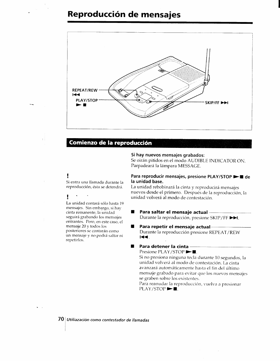 Reproducción de mensajes, Comienzo de la reproducción, Para saltar el mensaje actual | Para repetir el mensaje actual, Para detener la cinta | Sony SPP-AQ25 User Manual | Page 73 / 88