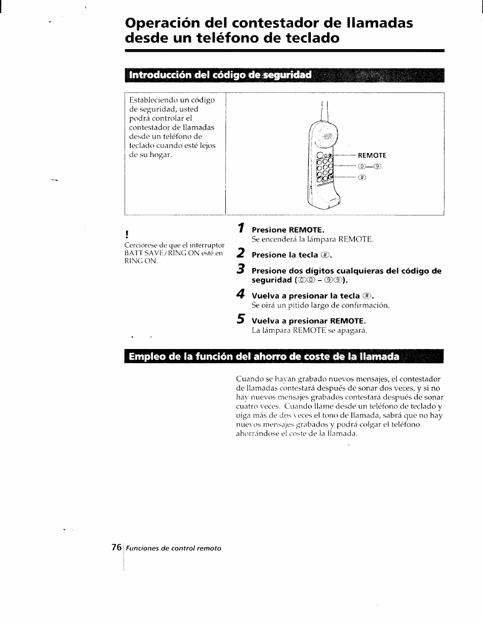 Introducción del código de seguridad, 7 presione remote, 2 presione la tecla (d | 4 vuelva a presionar la tecla (s), 5 vuelva a presionar remote | Sony SPP-AQ25 User Manual | Page 79 / 88