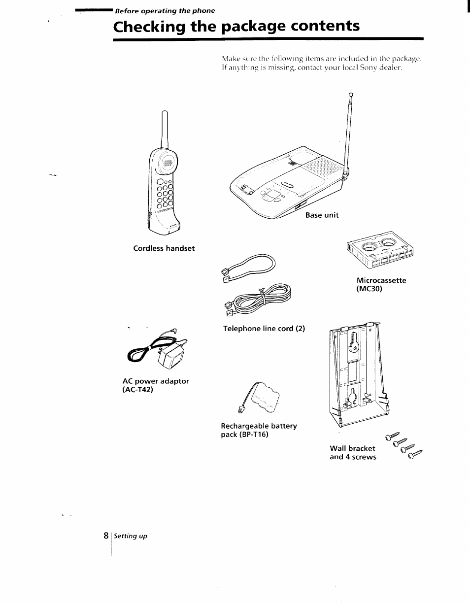 Checking the package contents | Sony SPP-AQ25 User Manual | Page 8 / 88