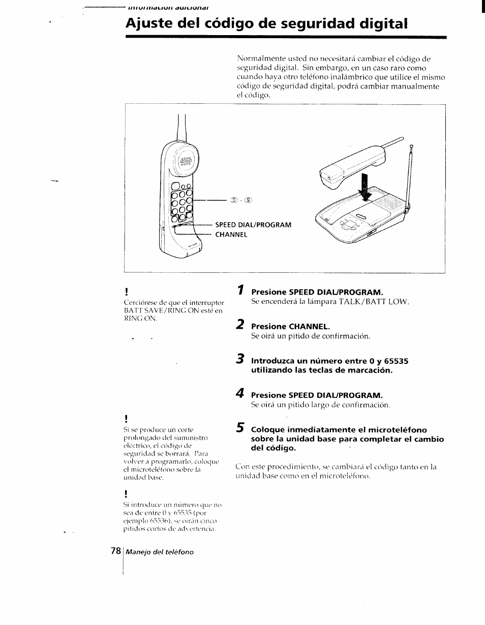 Ajuste del código de seguridad digital, 7 presione speed dial/program, 2 presione channel | 4 presione speed dial/program | Sony SPP-AQ25 User Manual | Page 81 / 88