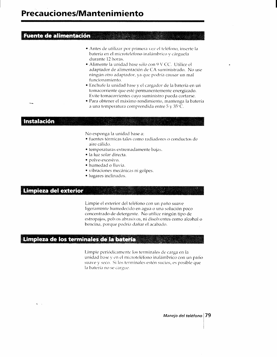 Precauciones/mantenimiento, Fuente de alimentación, Instalación | Limpieza del exterior, Limpieza de los terminales de la batería | Sony SPP-AQ25 User Manual | Page 82 / 88