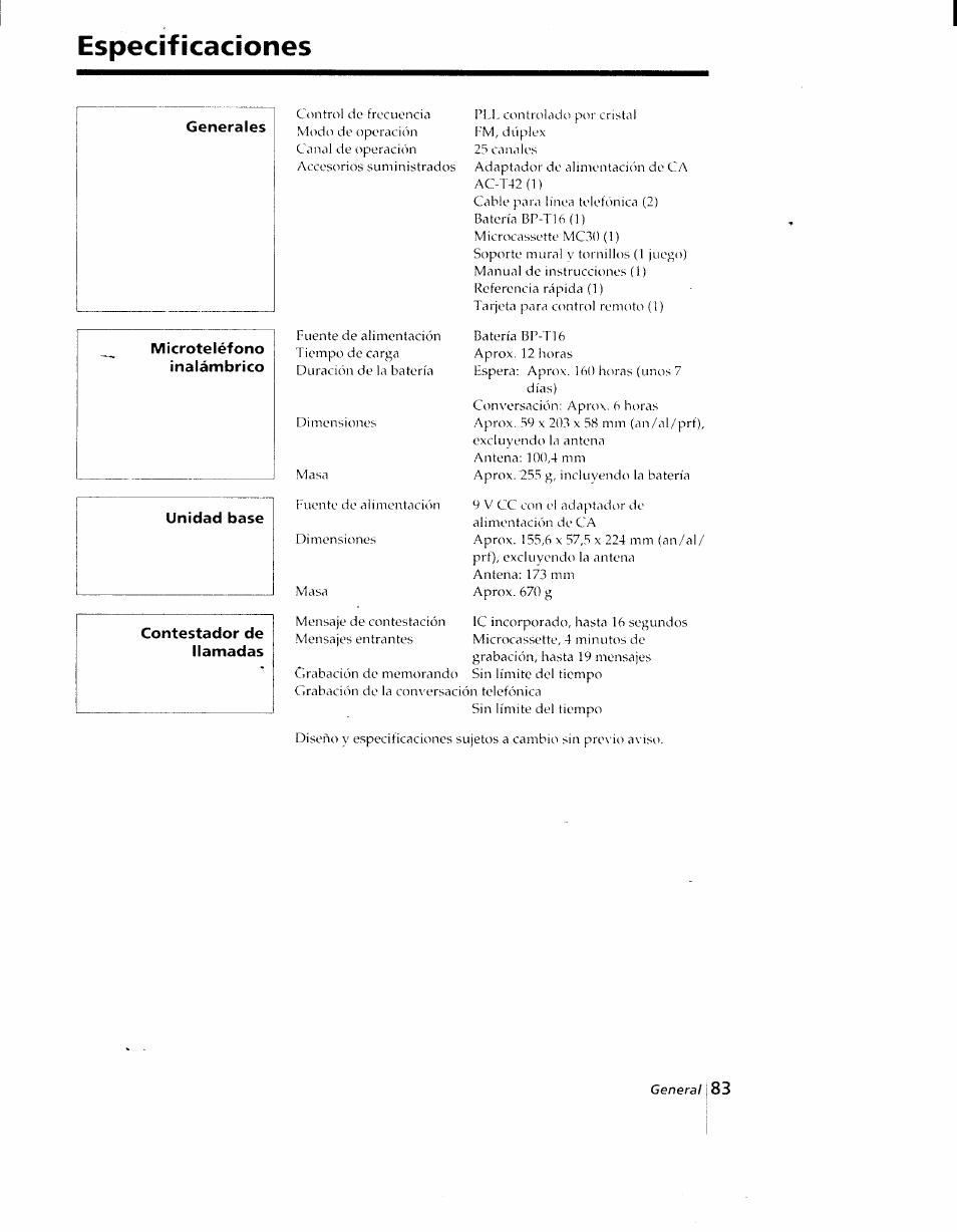 Especificaciones, Generales, Microteléfono | Inalámbrico, Contestador de llamadas | Sony SPP-AQ25 User Manual | Page 86 / 88