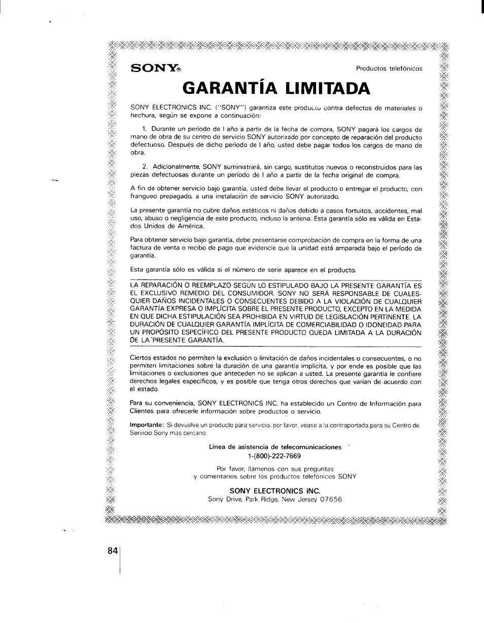 Garantía limitada, Sony | Sony SPP-AQ25 User Manual | Page 87 / 88