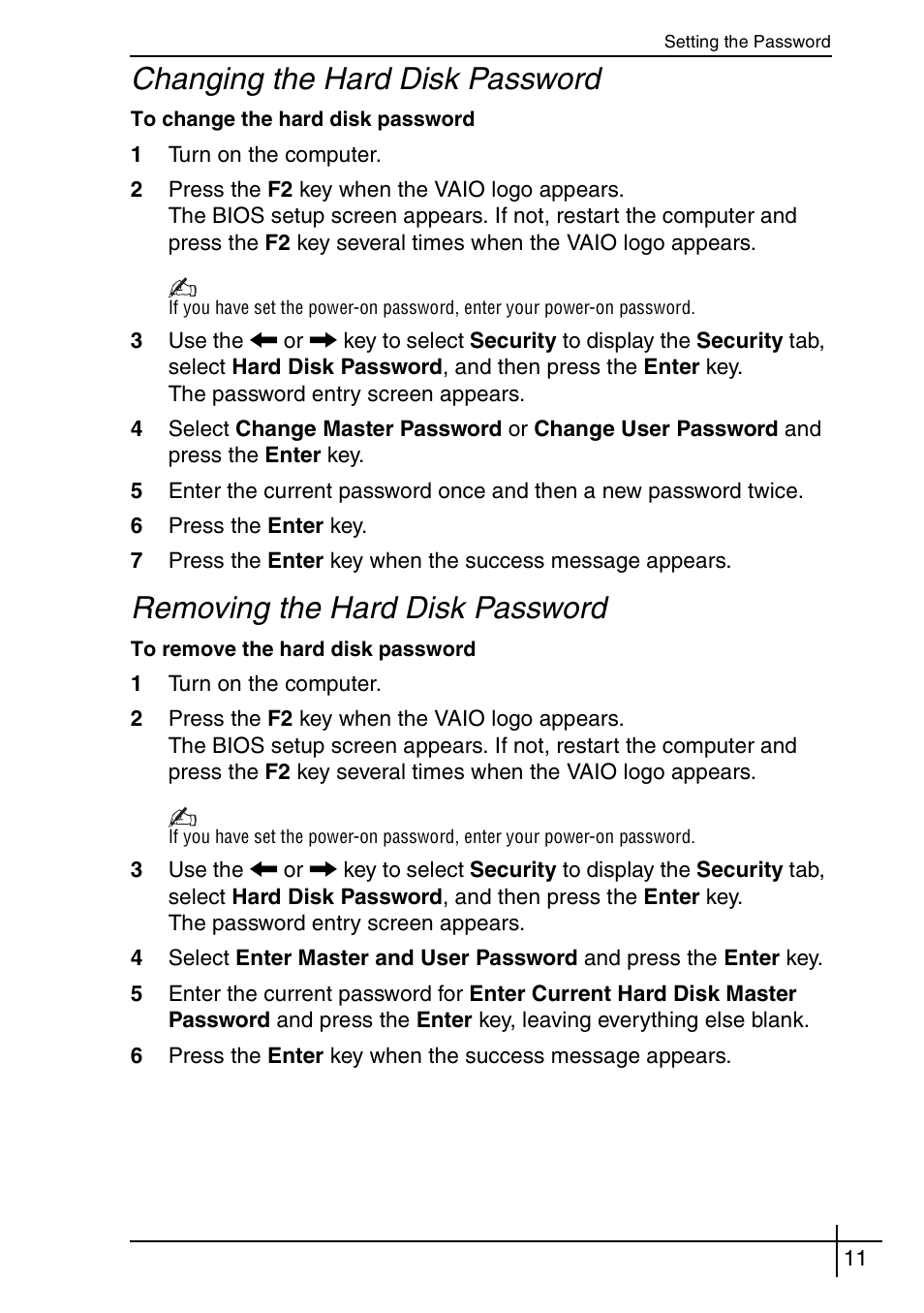 Changing the hard disk password, Removing the hard disk password | Sony VGN-BX540BW User Manual | Page 11 / 64