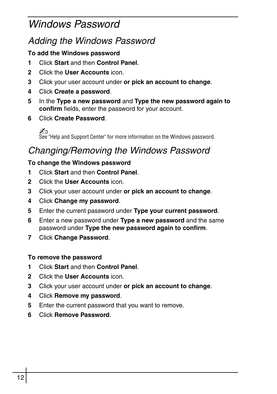 Windows password, Adding the windows password, Changing/removing the windows password | Sony VGN-BX540BW User Manual | Page 12 / 64