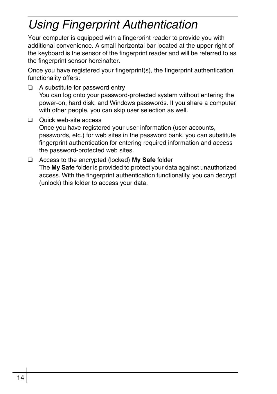 Using fingerprint authentication | Sony VGN-BX540BW User Manual | Page 14 / 64