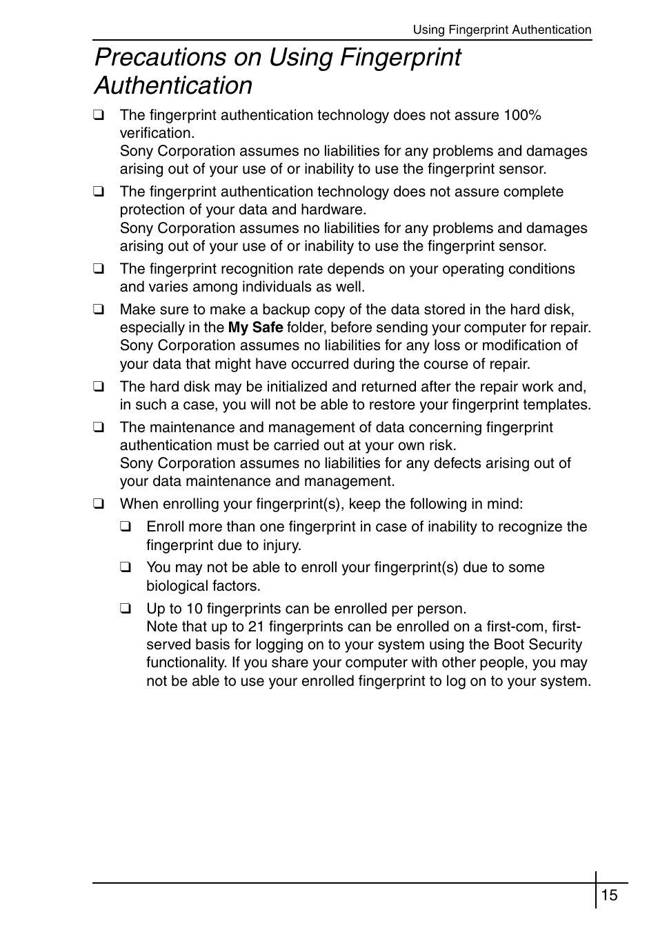 Precautions on using fingerprint authentication | Sony VGN-BX540BW User Manual | Page 15 / 64