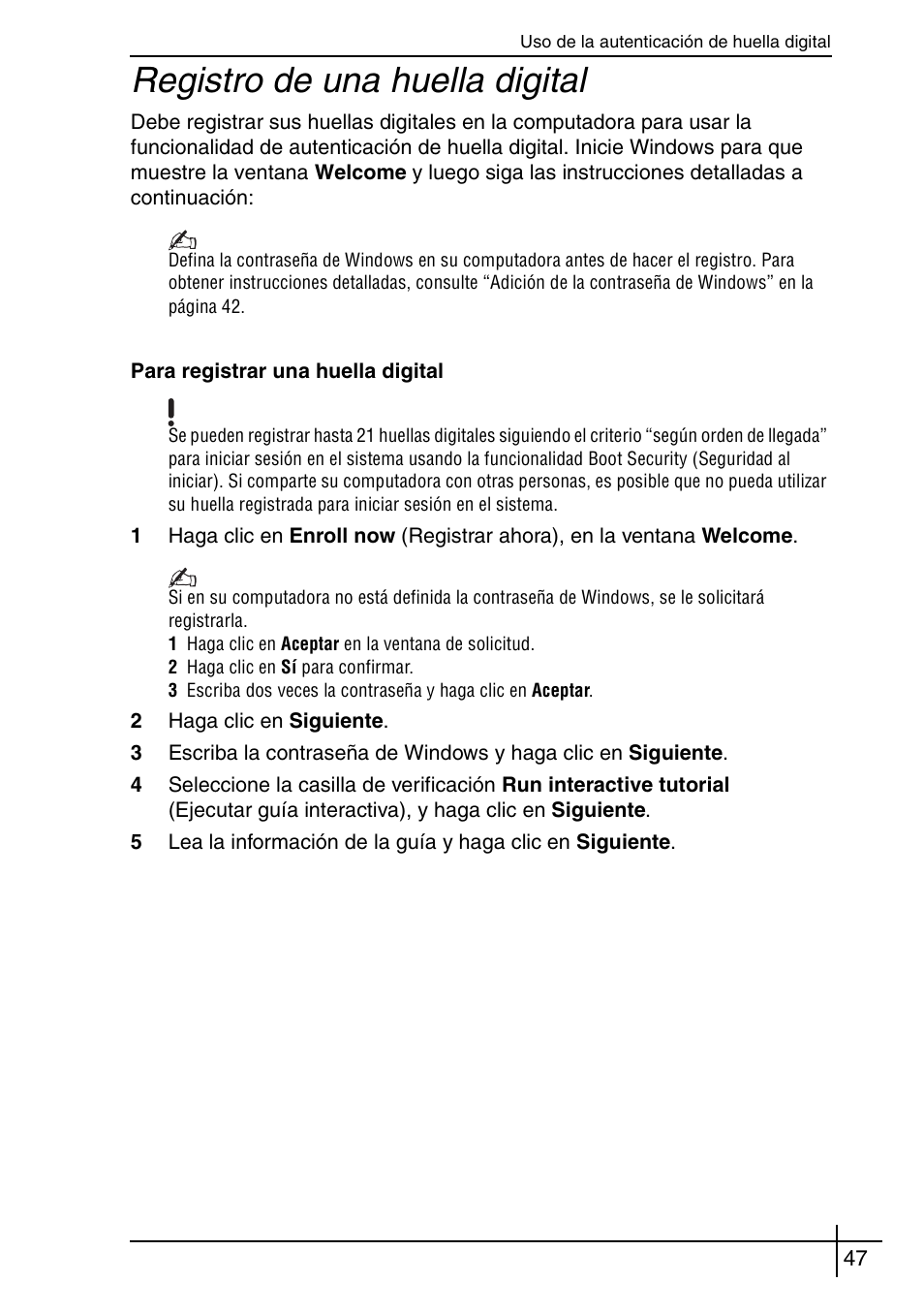 Registro de una huella digital | Sony VGN-BX540BW User Manual | Page 47 / 64