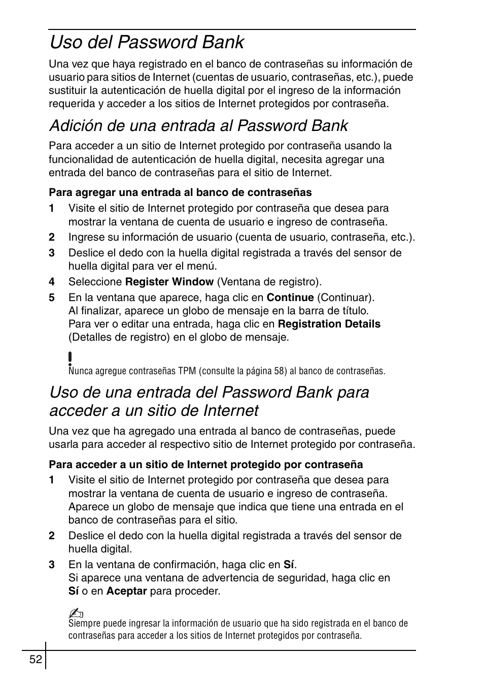 Uso del password bank, Internet, Adición de una entrada al password bank | Sony VGN-BX540BW User Manual | Page 52 / 64
