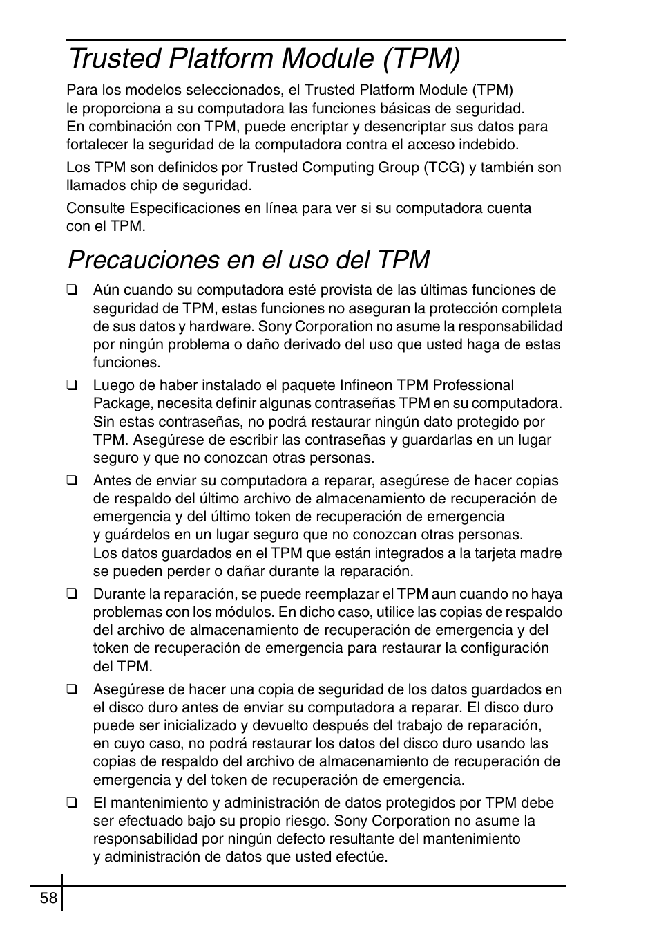 Trusted platform module (tpm), Precauciones en el uso del tpm | Sony VGN-BX540BW User Manual | Page 58 / 64