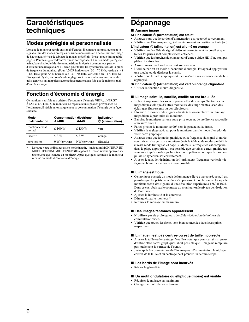 Caractéristiques techniques, Dépannage, Modes préréglés et personnalisés | Fonction d’économie d’énergie | Sony HMD-A440 User Manual | Page 12 / 24