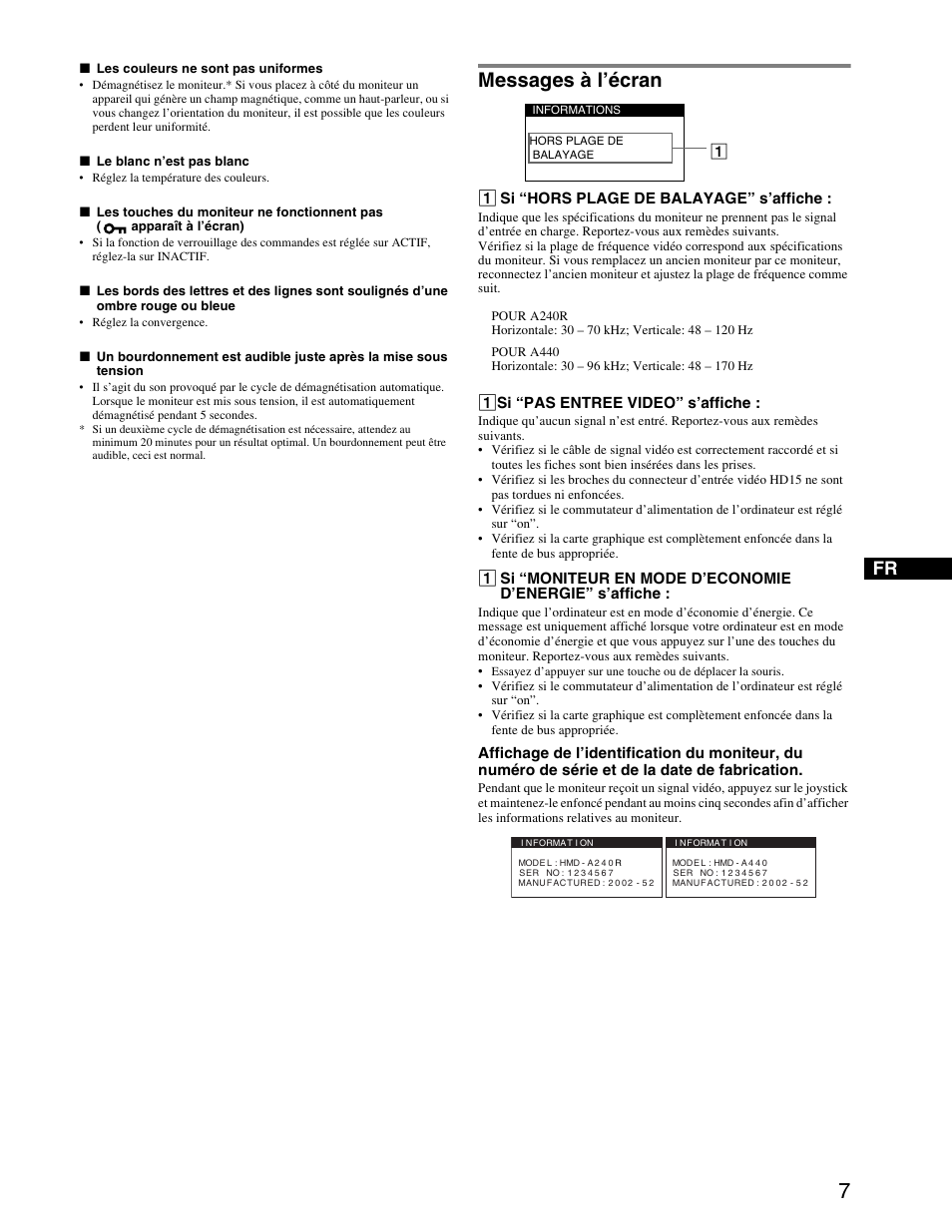 Messages à l’écran, 1 si “hors plage de balayage” s’affiche, 1 si “pas entree video” s’affiche | Sony HMD-A440 User Manual | Page 13 / 24