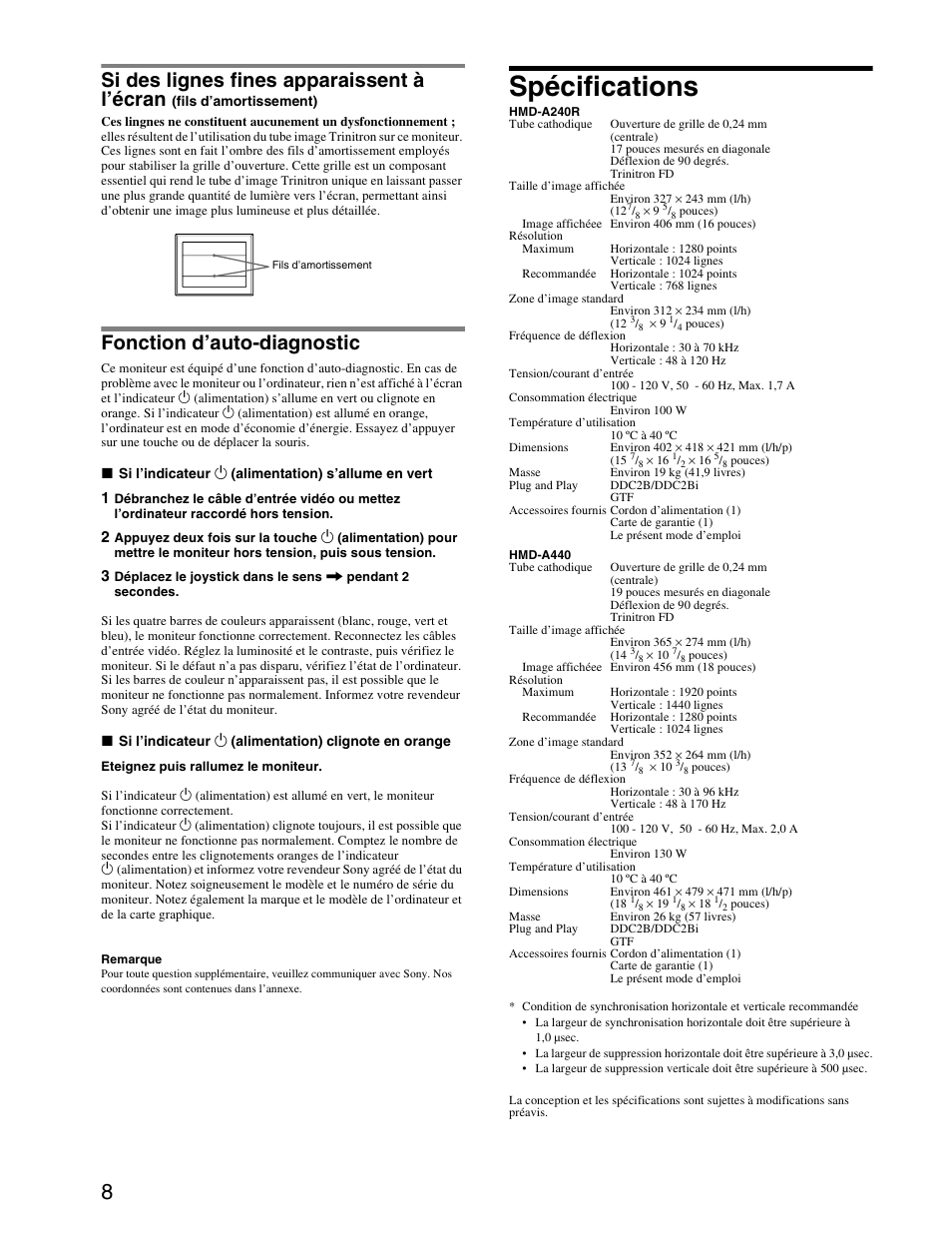 Spécifications, Si des lignes fines apparaissent à l’écran, Fonction d’auto-diagnostic | Sony HMD-A440 User Manual | Page 14 / 24