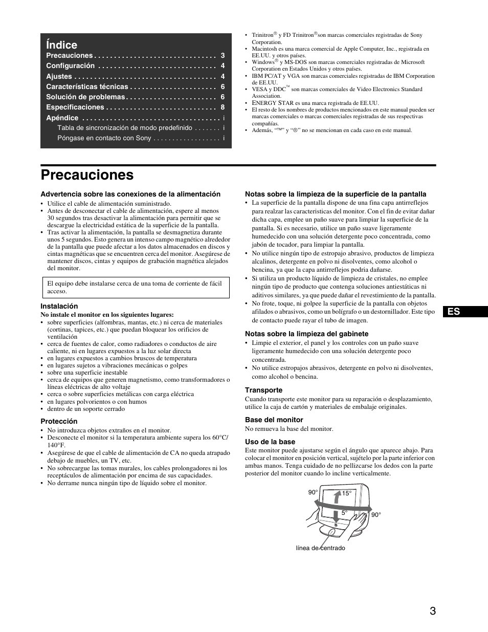 Precauciones, Índice | Sony HMD-A440 User Manual | Page 15 / 24