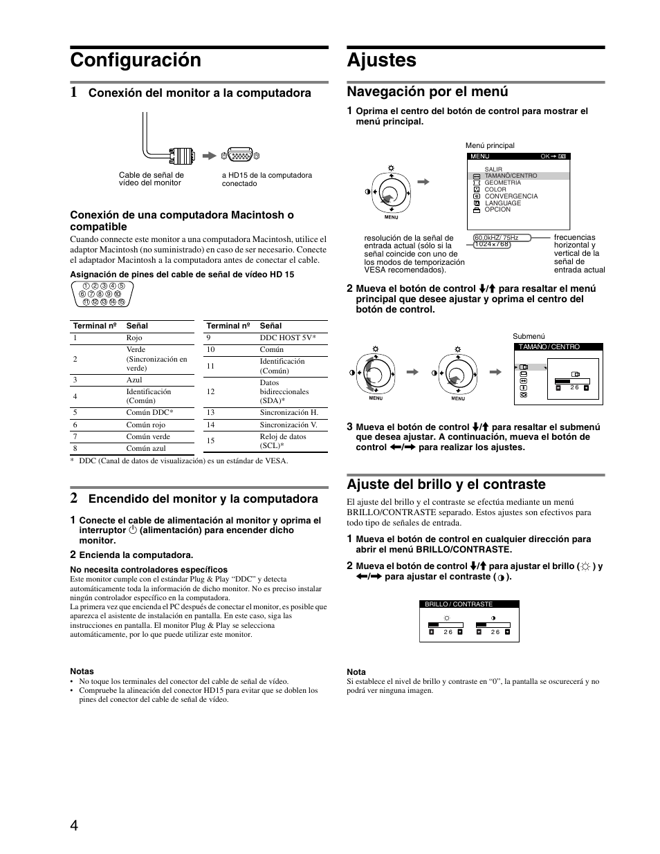 Configuración, Ajustes, Navegación por el menú | Ajuste del brillo y el contraste, Conexión del monitor a la computadora, Encendido del monitor y la computadora | Sony HMD-A440 User Manual | Page 16 / 24