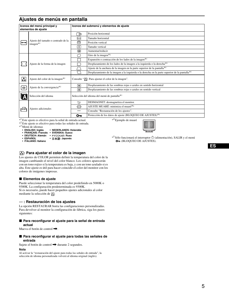 Ajustes de menús en pantalla, Para ajustar el color de la imagen, Restauración de los ajustes | Sony HMD-A440 User Manual | Page 17 / 24