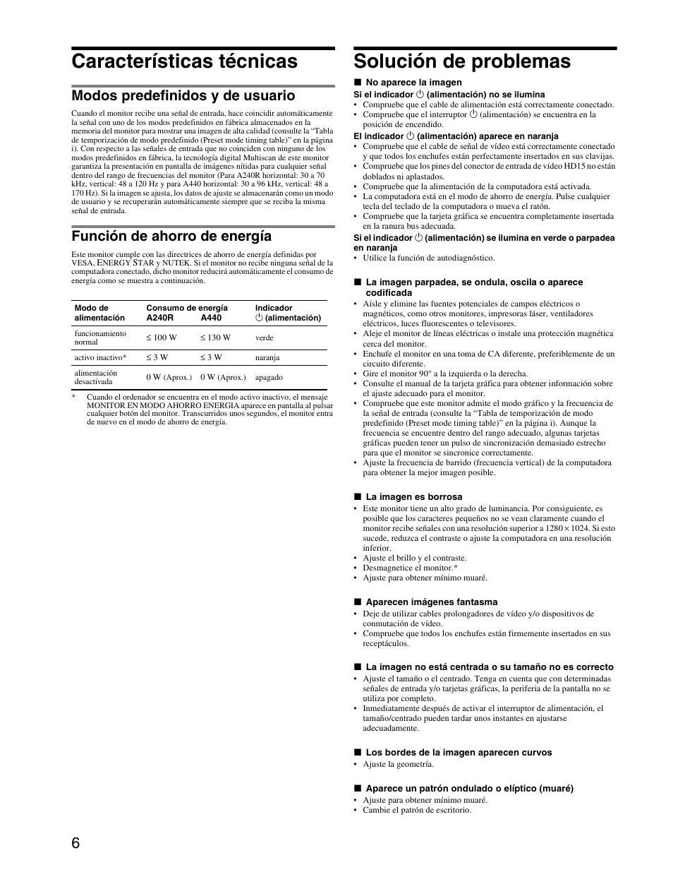 Características técnicas, Solución de problemas, Modos predefinidos y de usuario | Función de ahorro de energía | Sony HMD-A440 User Manual | Page 18 / 24