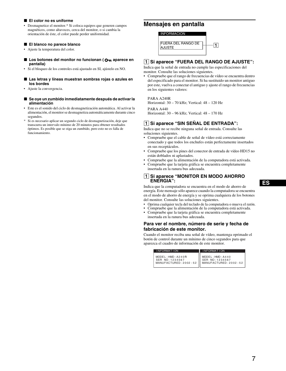 Mensajes en pantalla, 1 si aparece “fuera del rango de ajuste, 1 si aparece “sin señal de entrada | 1 si aparece “monitor en modo ahorro energia | Sony HMD-A440 User Manual | Page 19 / 24