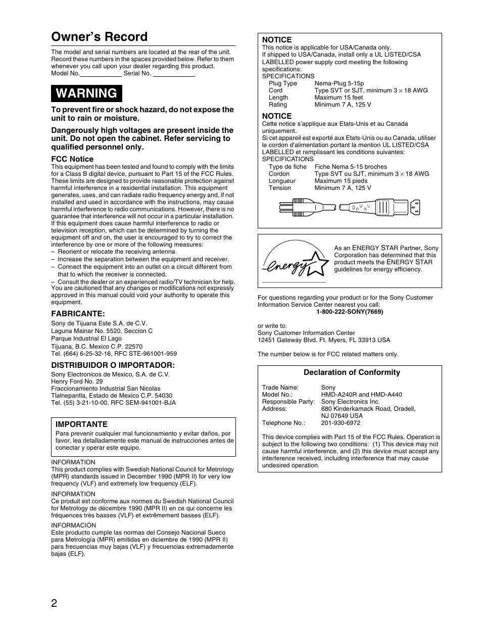 Owner’s record, Warning | Sony HMD-A440 User Manual | Page 2 / 24