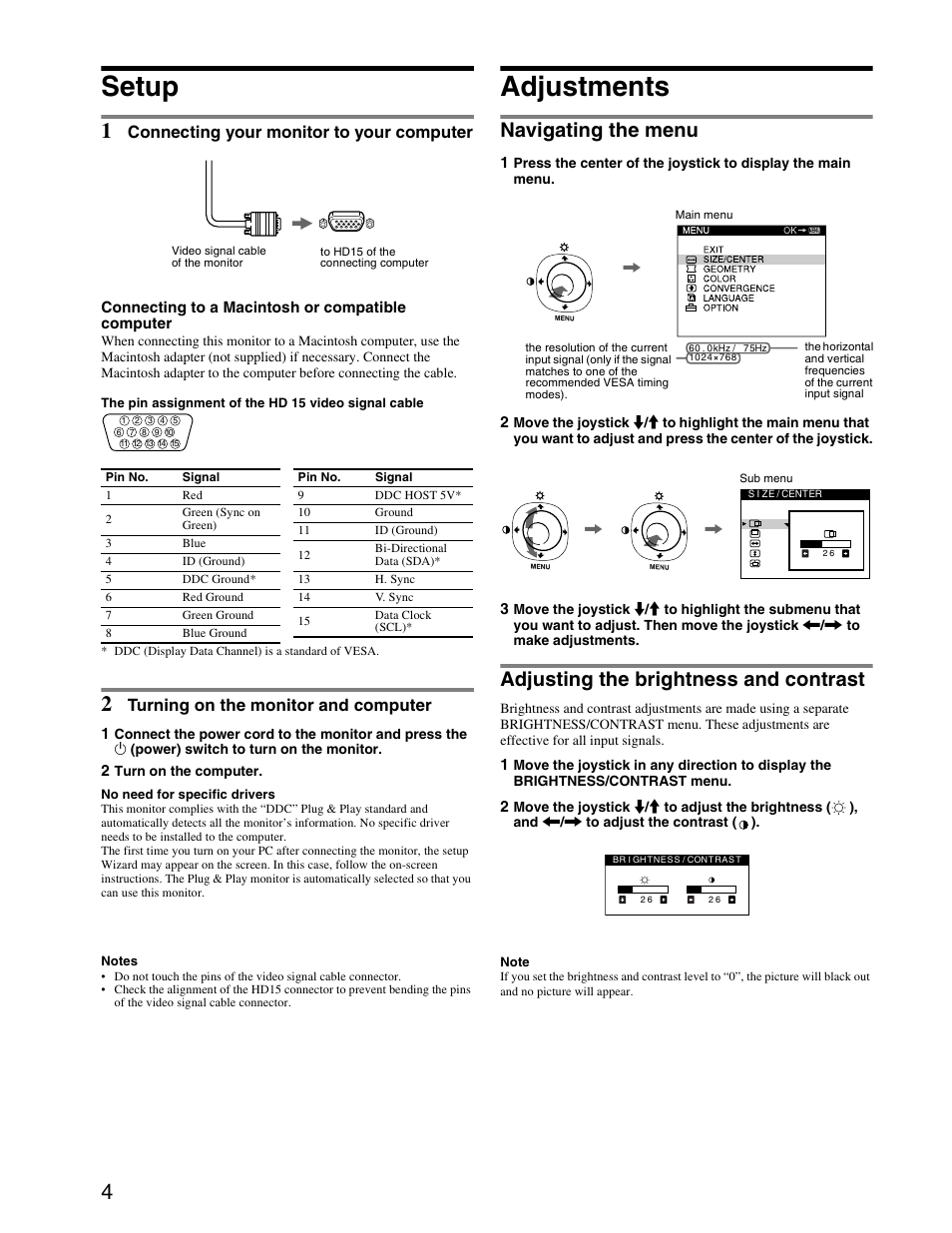 Setup, Adjustments, Navigating the menu | Adjusting the brightness and contrast, Connecting your monitor to your computer, Turning on the monitor and computer | Sony HMD-A440 User Manual | Page 4 / 24