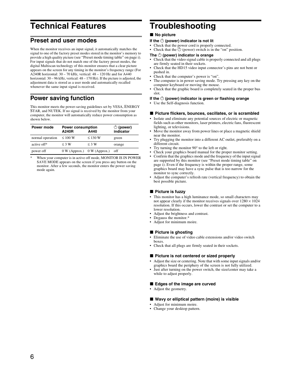 Technical features, Troubleshooting, Preset and user modes | Power saving function | Sony HMD-A440 User Manual | Page 6 / 24