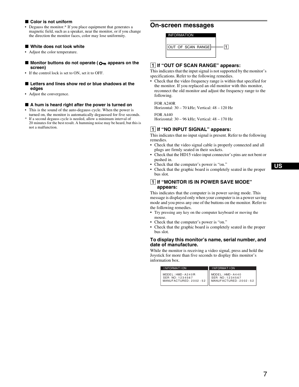 On-screen messages, 1 if “out of scan range” appears, 1 if “no input signal” appears | 1 if “monitor is in power save mode” appears | Sony HMD-A440 User Manual | Page 7 / 24