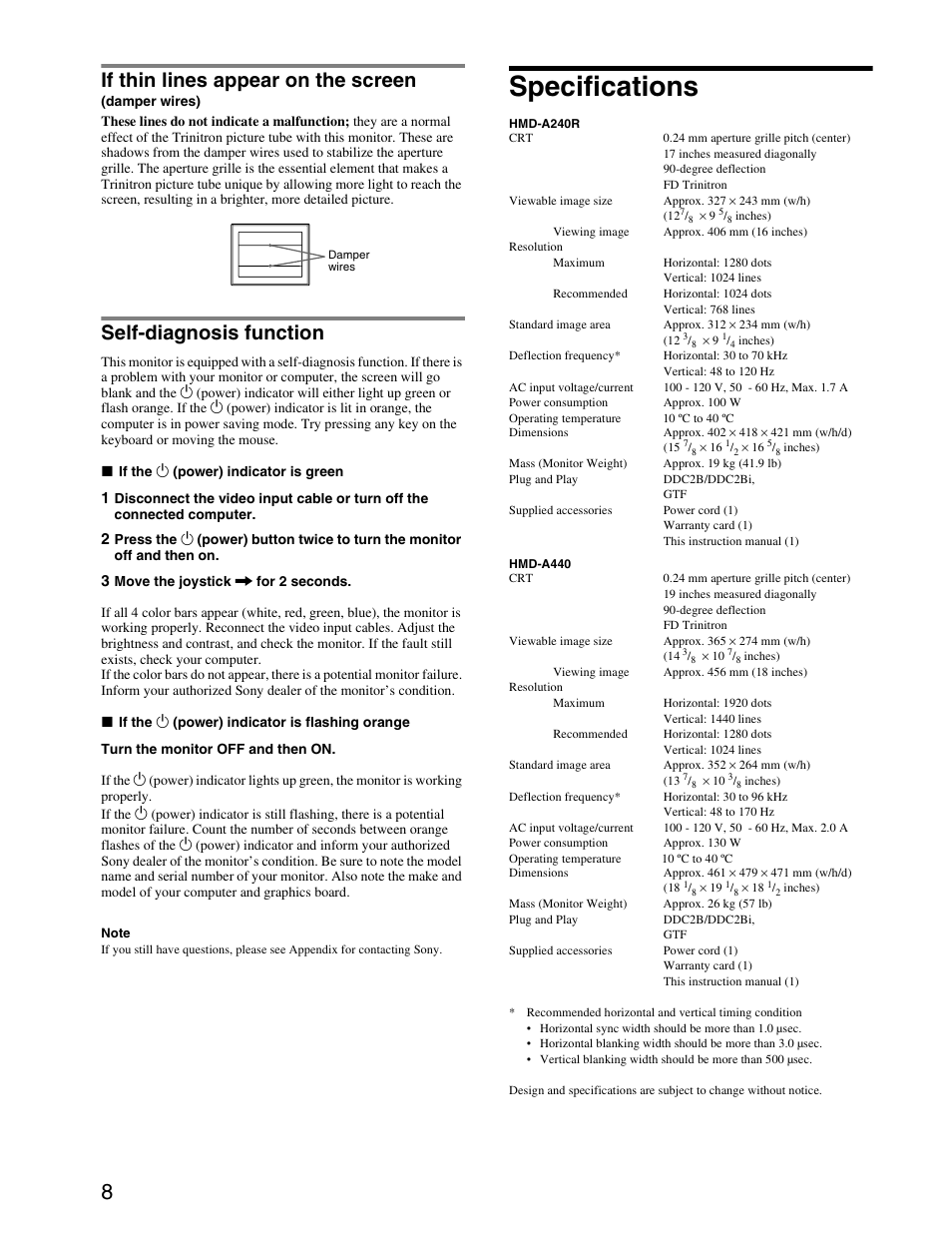 Specifications, If thin lines appear on the screen, Self-diagnosis function | Sony HMD-A440 User Manual | Page 8 / 24