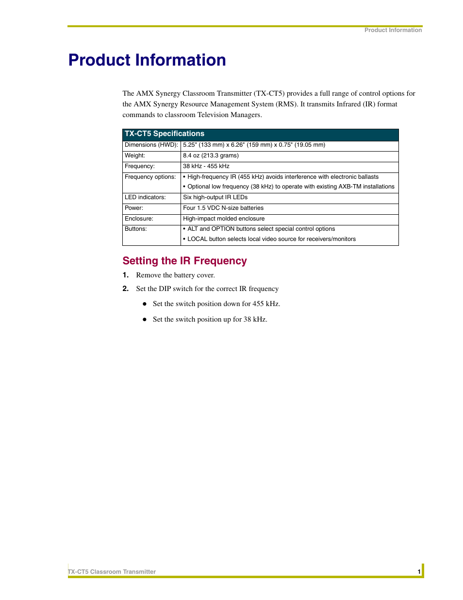 Product information, Setting the ir frequency | AMX Classroom Transmitter TX-CT5 User Manual | Page 5 / 10