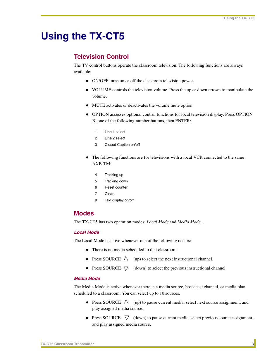 Using the tx-ct5, Television control, Modes | Local mode, Media mode | AMX Classroom Transmitter TX-CT5 User Manual | Page 7 / 10