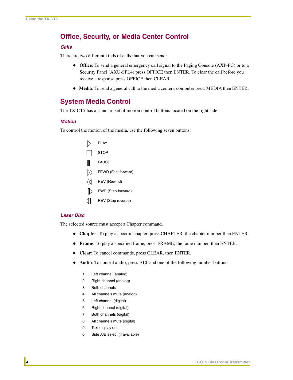 Office, security, or media center control, Calls, System media control | Motion, Laser disc | AMX Classroom Transmitter TX-CT5 User Manual | Page 8 / 10
