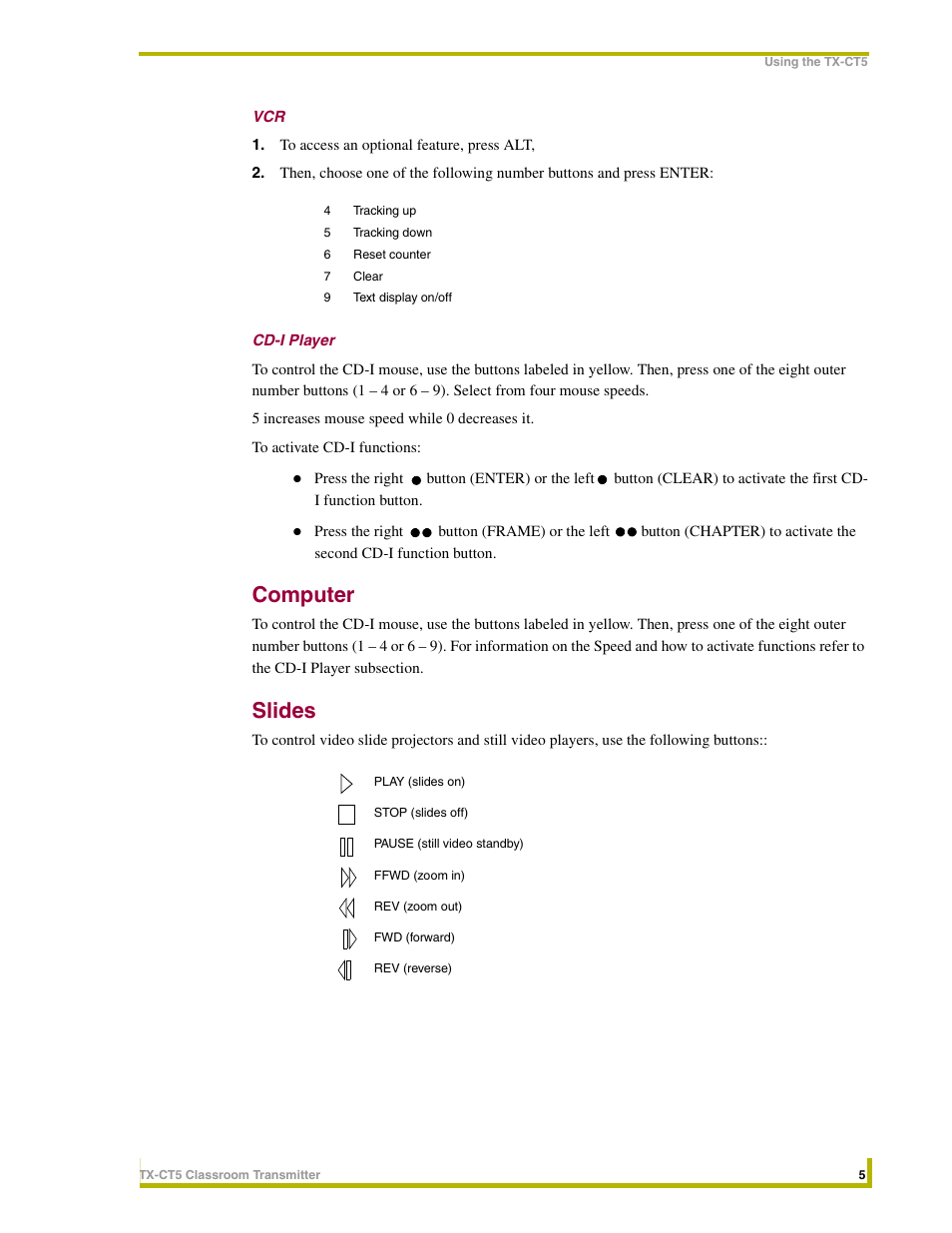Cd-i player, Computer, Slides | AMX Classroom Transmitter TX-CT5 User Manual | Page 9 / 10
