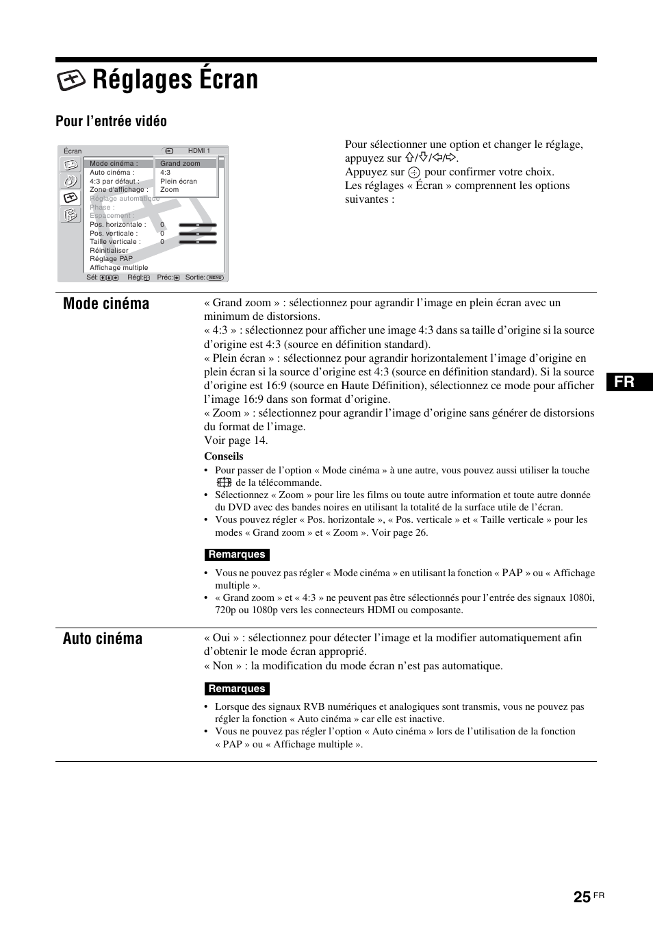 Réglages écran, Mode cinéma, Auto cinéma | Pour l’entrée vidéo | Sony FWD-32LX2F User Manual | Page 101 / 255