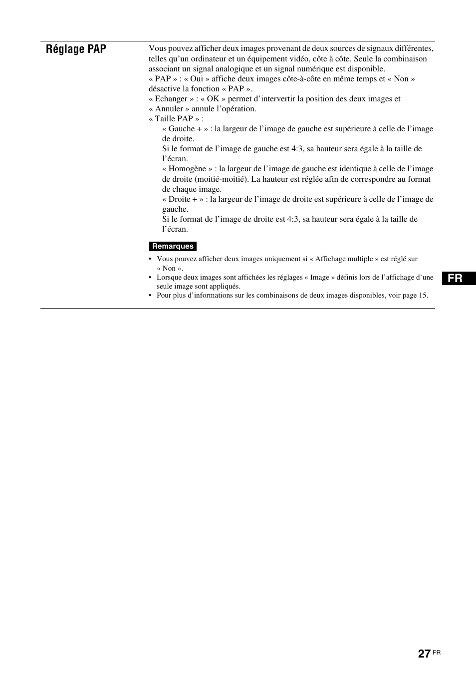 Fr réglage pap | Sony FWD-32LX2F User Manual | Page 103 / 255