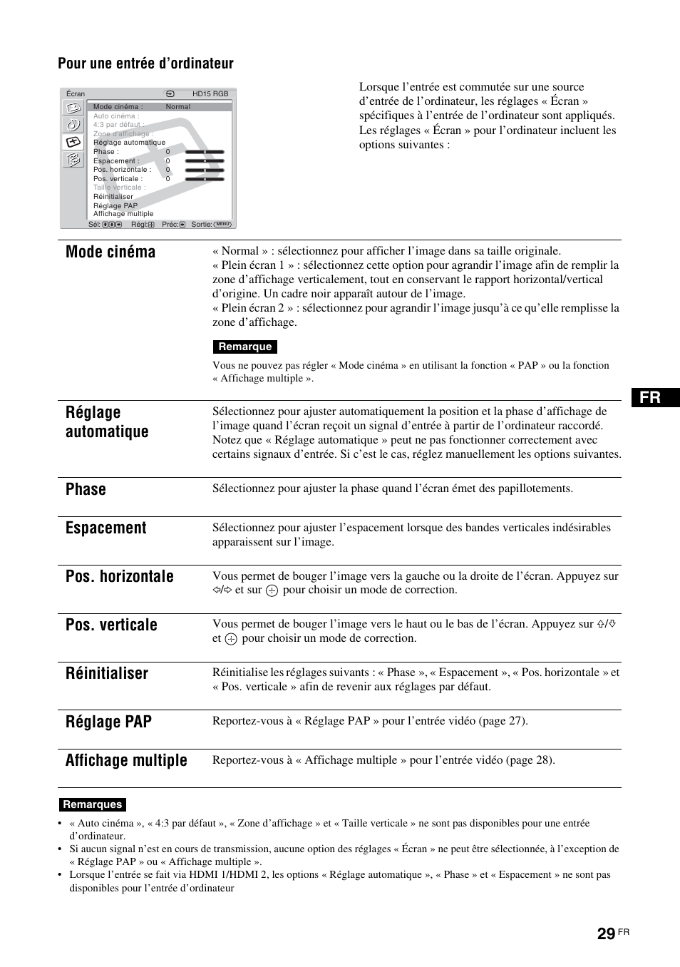 Mode cinéma, Réglage automatique, Phase | Espacement, Pos. horizontale, Pos. verticale, Réinitialiser, Réglage pap, Affichage multiple, Pour une entrée d’ordinateur | Sony FWD-32LX2F User Manual | Page 105 / 255