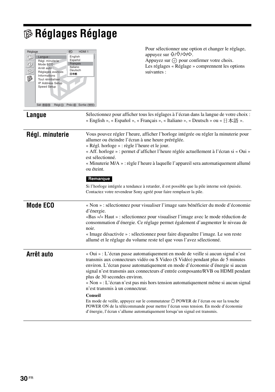 Réglages réglage, Langue, Régl. minuterie | Mode eco, Arrêt auto | Sony FWD-32LX2F User Manual | Page 106 / 255