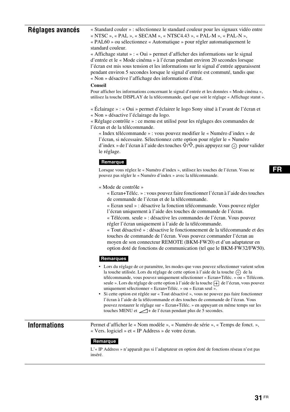 Fr réglages avancés, Informations | Sony FWD-32LX2F User Manual | Page 107 / 255