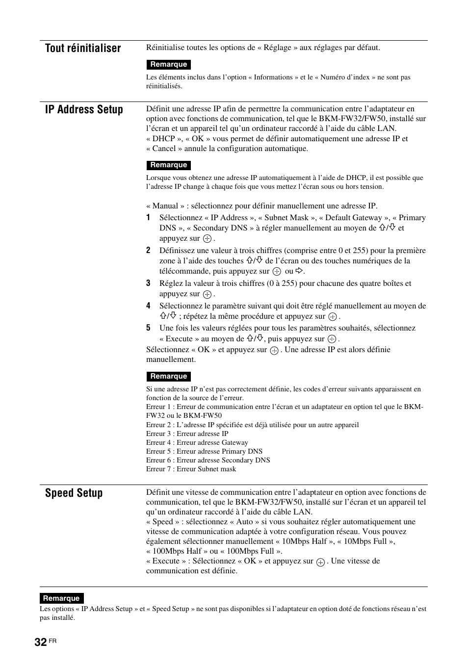 Tout réinitialiser, Ip address setup, Speed setup | Sony FWD-32LX2F User Manual | Page 108 / 255