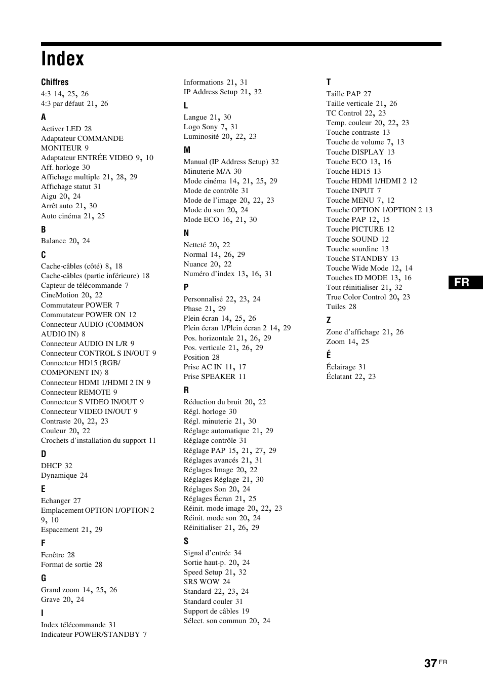 Index | Sony FWD-32LX2F User Manual | Page 113 / 255