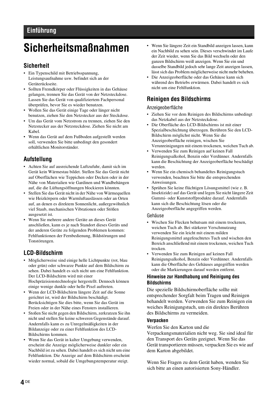 Einführung, Sicherheitsmaßnahmen, Sicherheit | Aufstellung, Lcd-bildschirm, Reinigen des bildschirms | Sony FWD-32LX2F User Manual | Page 116 / 255