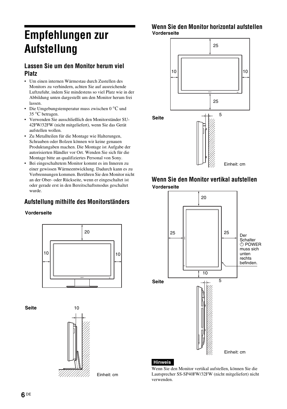 Empfehlungen zur aufstellung, Lassen sie um den monitor herum viel platz | Sony FWD-32LX2F User Manual | Page 118 / 255