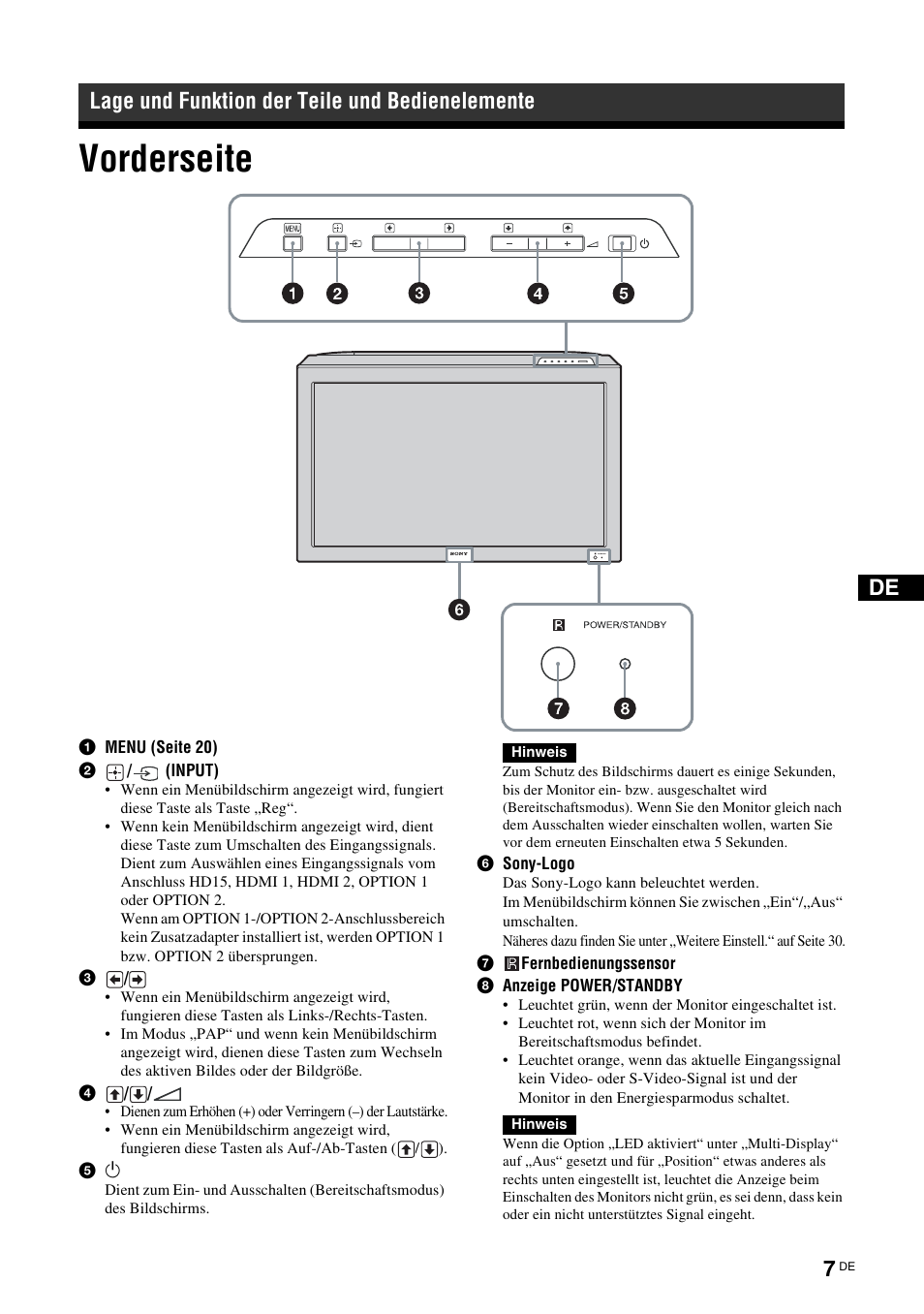 Lage und funktion der teile und bedienelemente, Vorderseite | Sony FWD-32LX2F User Manual | Page 119 / 255