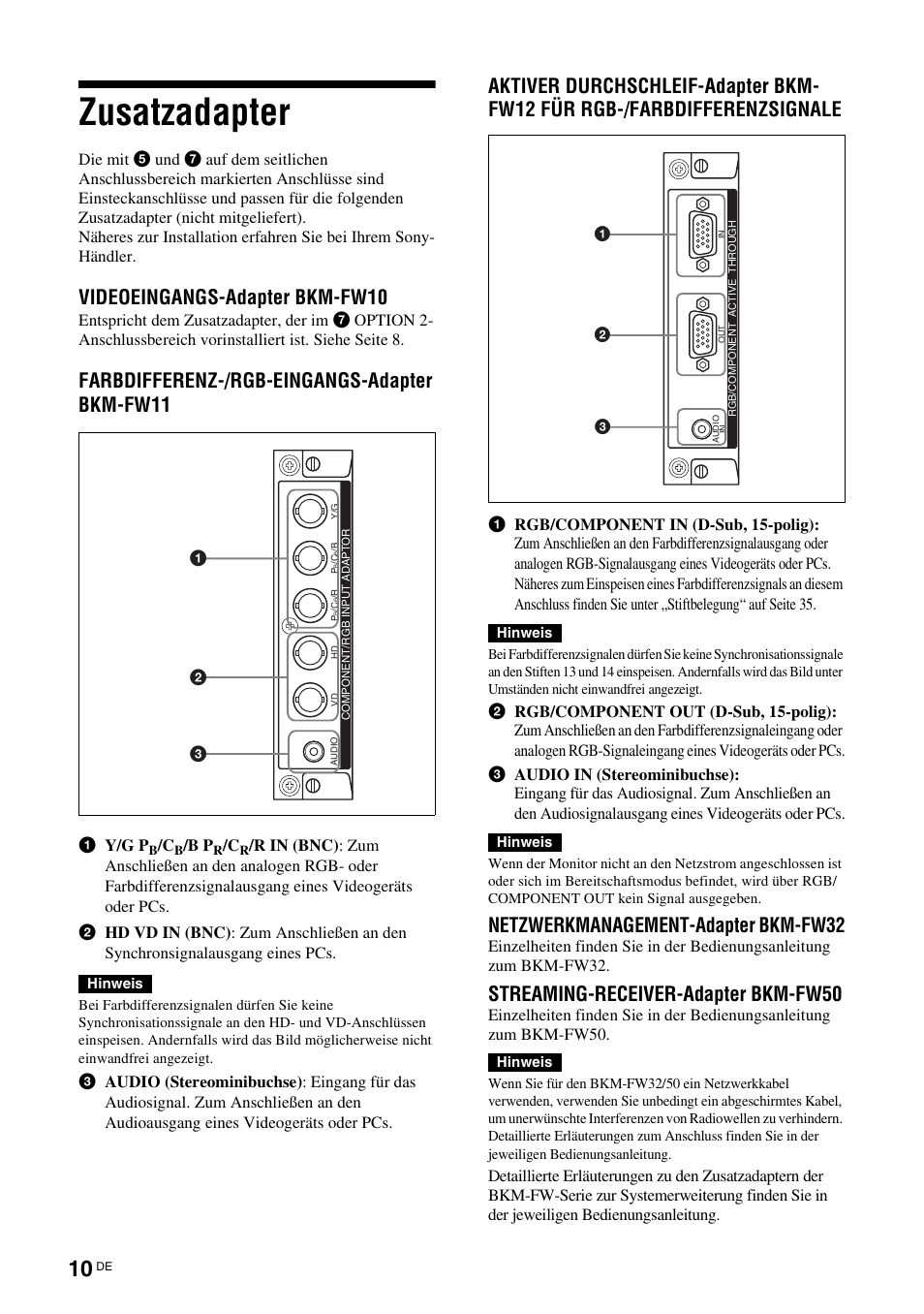 Zusatzadapter, Videoeingangs-adapter bkm-fw10, Farbdifferenz-/rgb-eingangs-adapter bkm-fw11 | Netzwerkmanagement-adapter bkm-fw32, Streaming-receiver-adapter bkm-fw50 | Sony FWD-32LX2F User Manual | Page 122 / 255