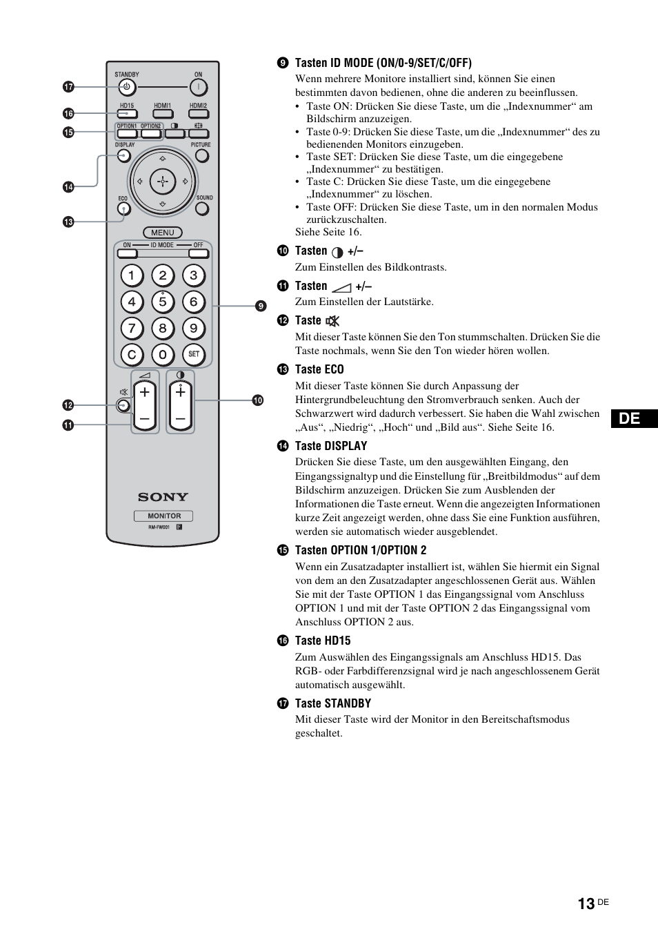 9tasten id mode (on/0-9/set/c/off), 0tasten, Qa tasten | Qs taste, Qd taste eco, Qf taste display, Qg tasten option 1/option 2, Qh taste hd15, Qj taste standby | Sony FWD-32LX2F User Manual | Page 125 / 255