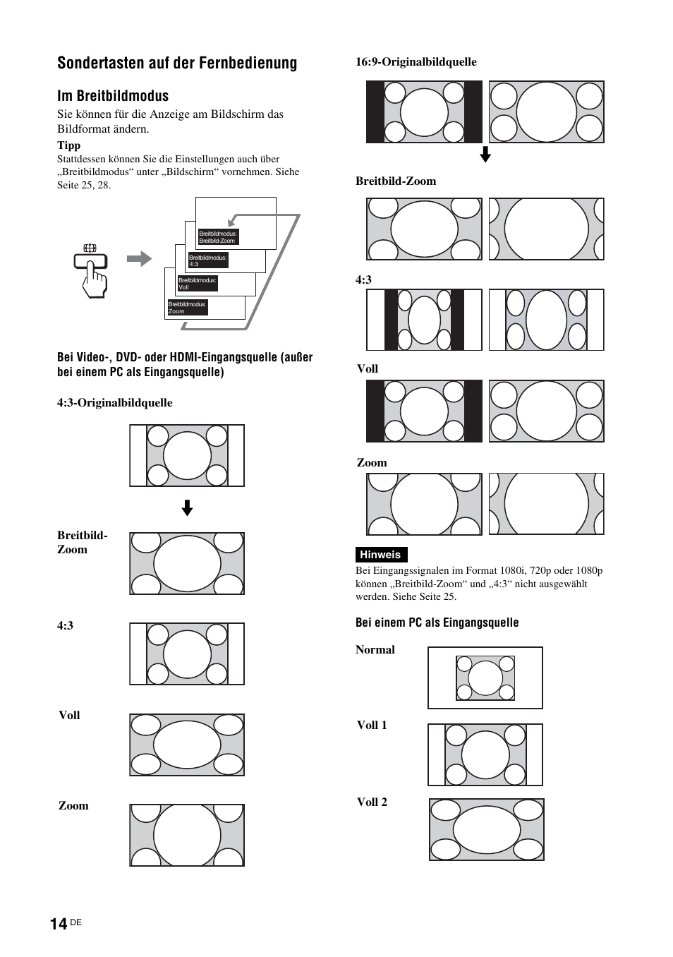 Sondertasten auf der fernbedienung, Im breitbildmodus | Sony FWD-32LX2F User Manual | Page 126 / 255