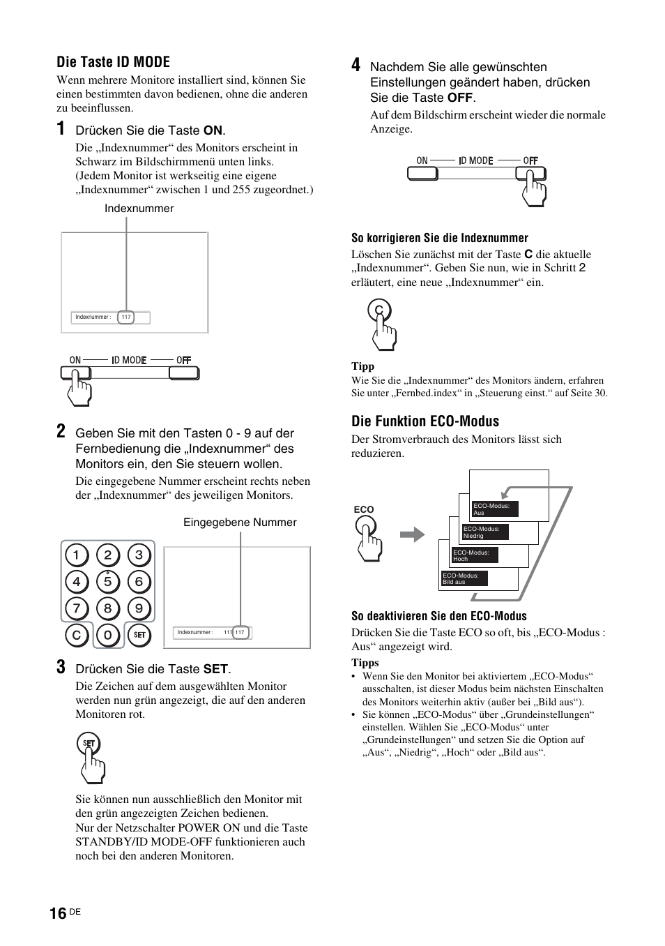 Die taste id mode, Die funktion eco-modus, Die taste id mode die funktion eco-modus | Sony FWD-32LX2F User Manual | Page 128 / 255