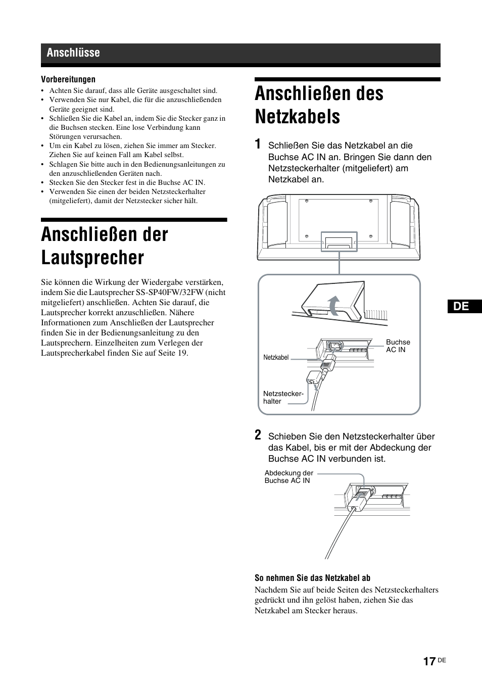 Anschlüsse, Anschließen der lautsprecher, Anschließen des netzkabels | Sony FWD-32LX2F User Manual | Page 129 / 255