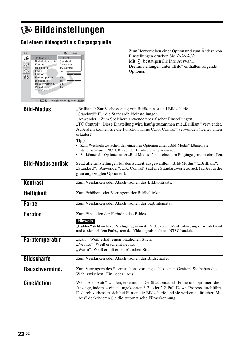 Bildeinstellungen, Seite 22, E (seite 22 | N (seite 22), Seite 22), Bild-modus, Bild-modus zurück, Kontrast, Helligkeit, Farbe | Sony FWD-32LX2F User Manual | Page 134 / 255